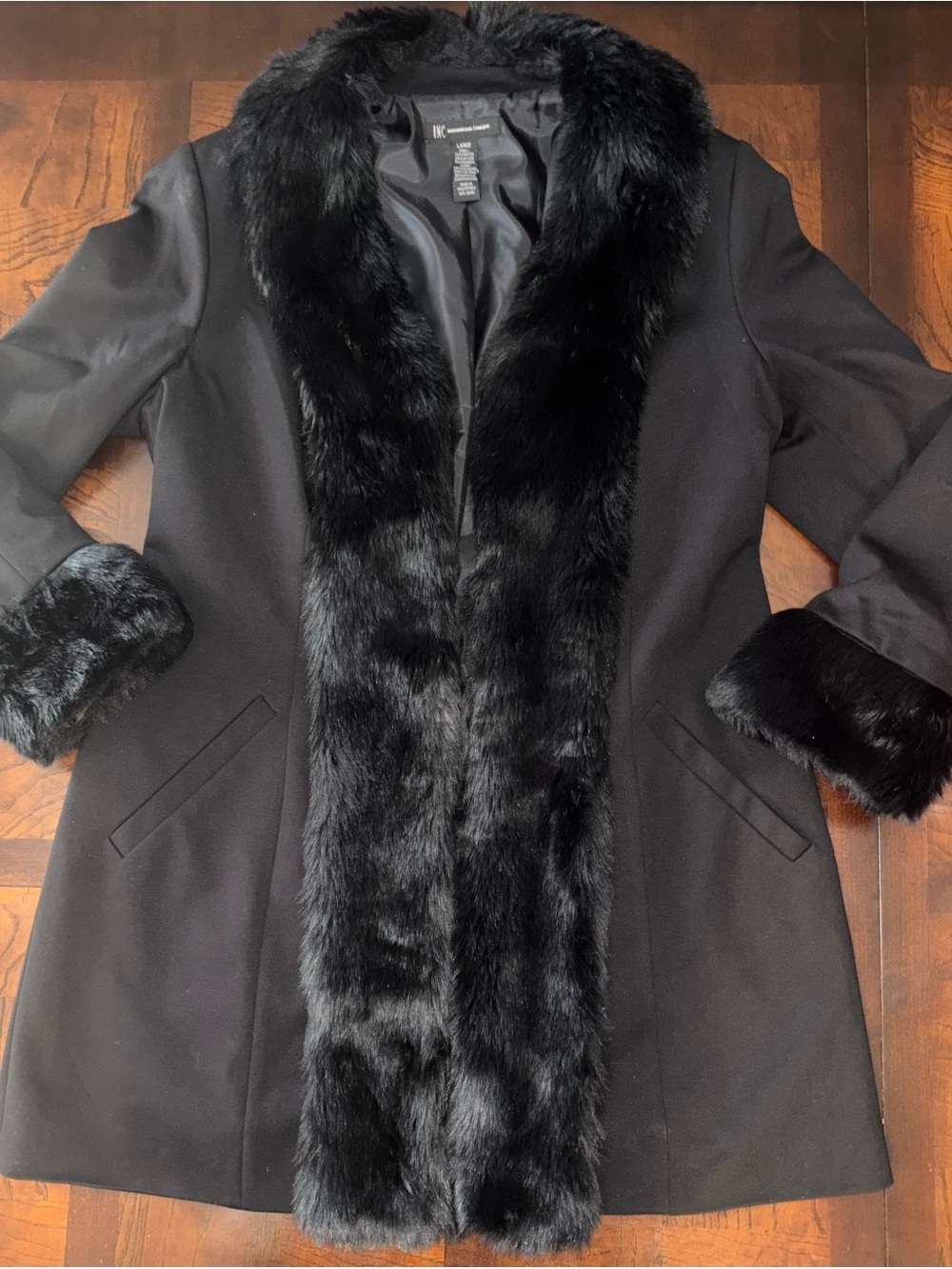 INC International Concepts Black Faux Fur Trim Trench Coat